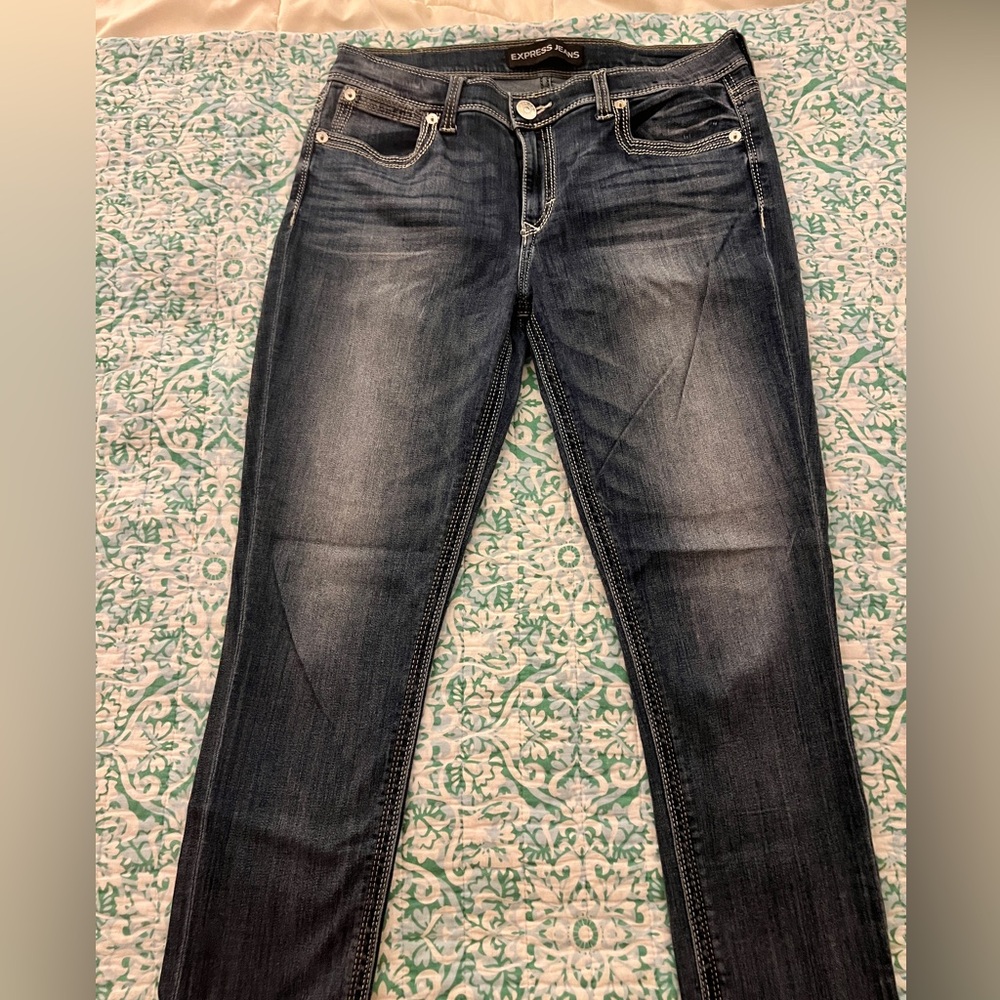 Express Blue Skinny Jeans with Distressed Details